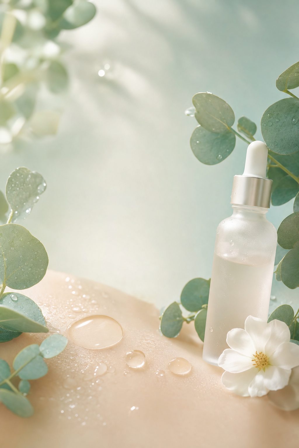 Soft K-beauty still life: serum droplets, frosted glass bottle and eucalyptus on a cream and sage backdrop